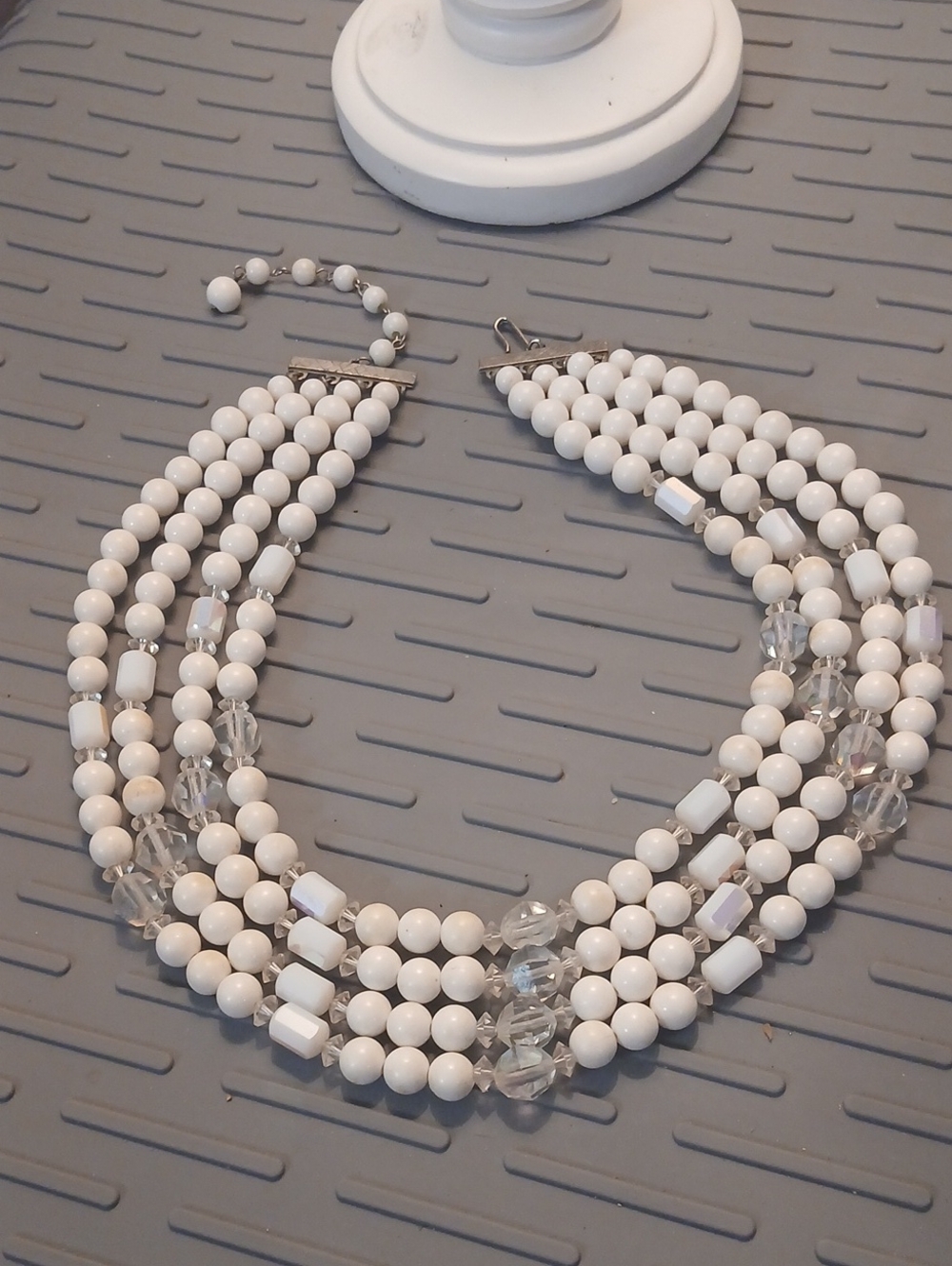 Classic White 4-Strand White Beaded  Crystal And Iredescent Beaded Necklace